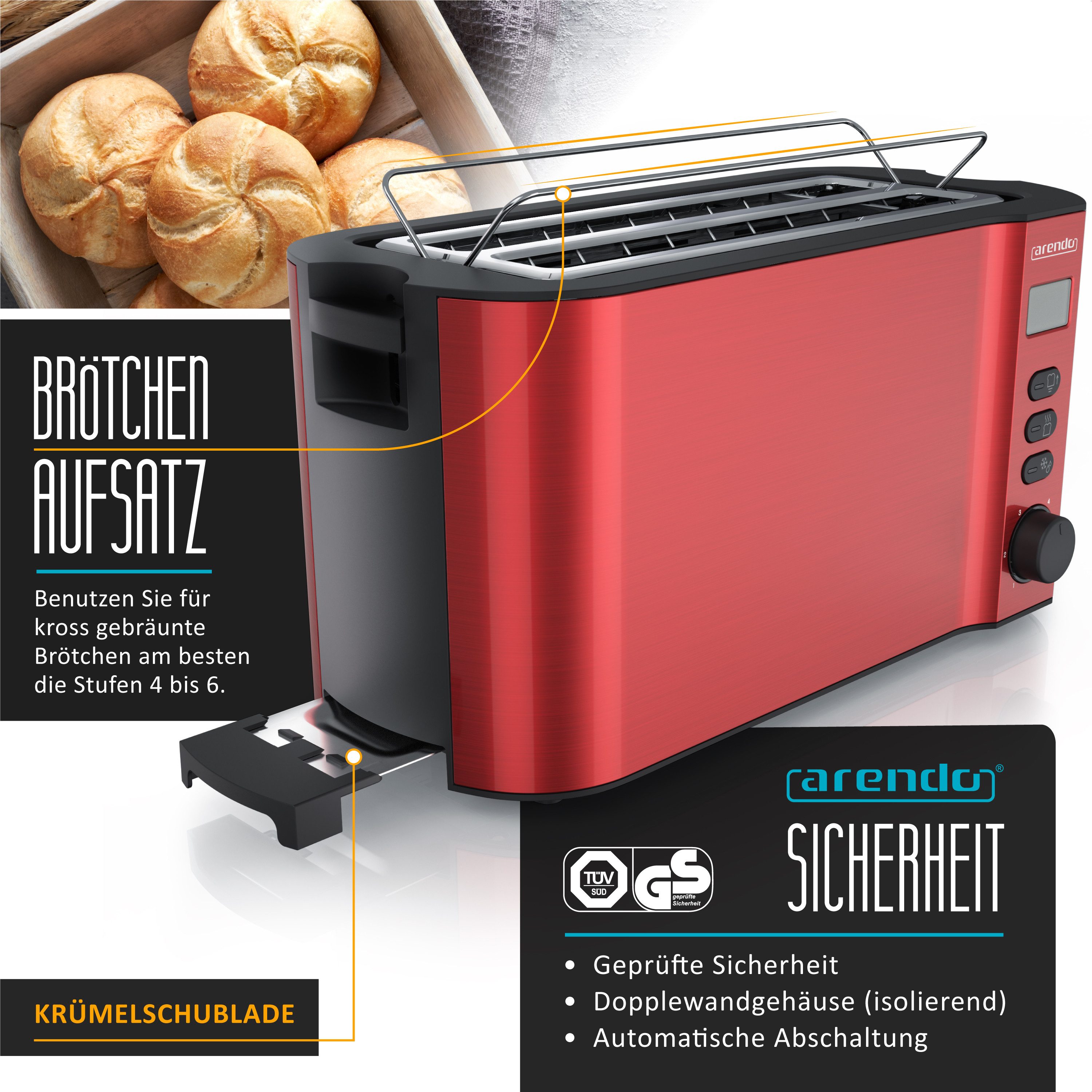 Arendo Toaster Edelstahl, Langschlitz, Display mit Restzeitanzeige, Krümelschublade, 2 lange Schlitze, für 4 Scheiben, 1500 W, Defrost Funktion, Wärmeisolierendes Gehäuse, mit Brötchenaufsatz
