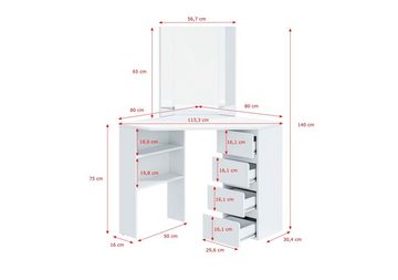 Furnix Schminktisch ANTONNIA Eck-Frisiertisch mit Spiegel Schubladen & Ablagen Weiß, B80 x H140 x T80 cm, 3-teiliger Spiegel, made in Europe