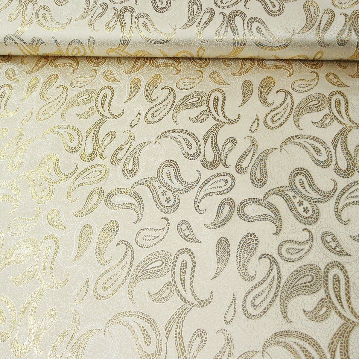 SCHÖNER LEBEN. Stoff Lurex Jaquard Stoff Paisley weiß goldfarbig 1,5m Breite, mit Metallic-Effekt