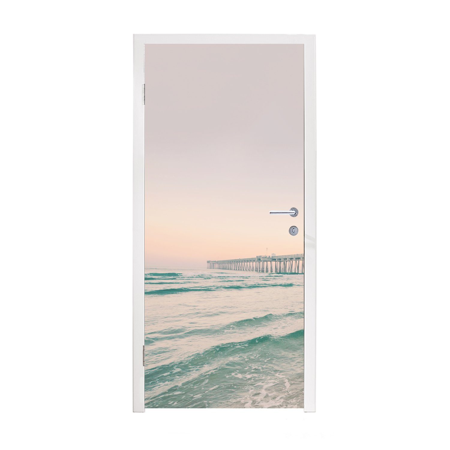 Türtapete Tür, Brücke MuchoWow St), - (1 - Matt, cm Türaufkleber, bedruckt, Sonnenuntergang, - Meer Natur Fototapete 75x205 - für Strand
