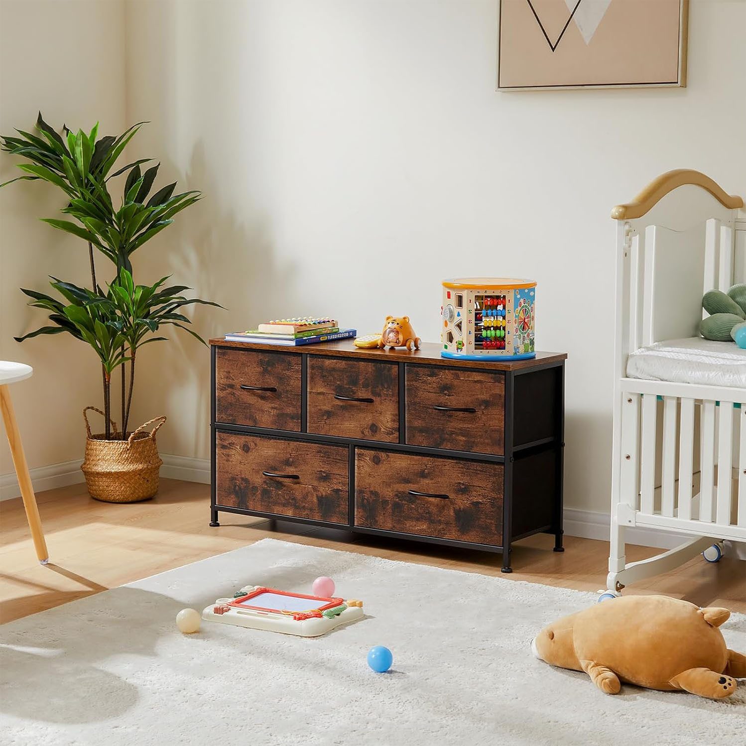Refined Living Kommode Schubkastenkommode mit 5 Schubladen Stoffkommode stabilem Stahlrahmen (Sideboards mit Holzplatte und leicht zu ziehendem Griff für Schränke, Große Kapazität, Aufbewahrung von Kinder- und Erwachsenenkleidung), wasserdicht Geeignet für Wohnzimmer, Kinderzimmer, Flur, Schlafzimmer