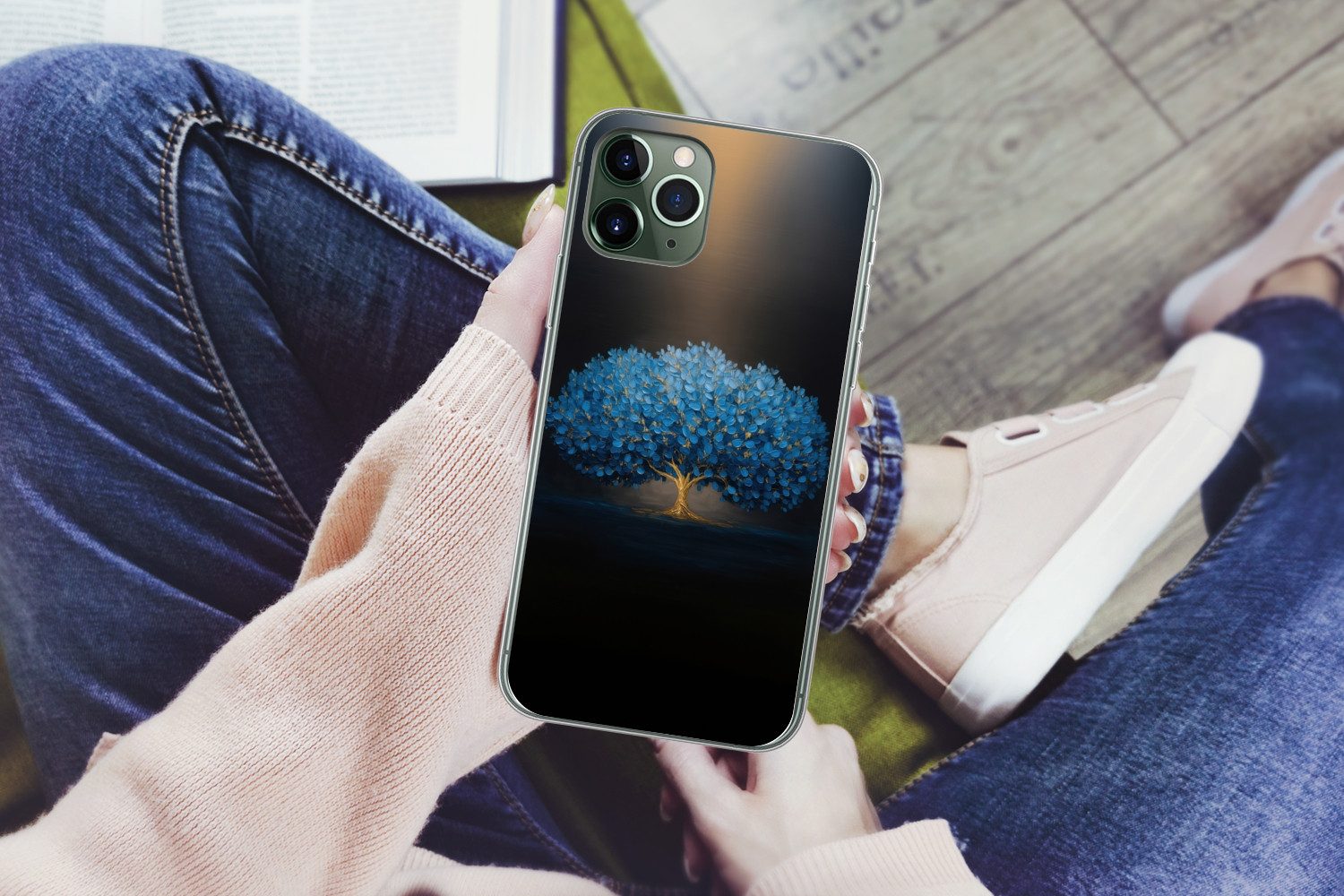 MuchoWow Handyhülle für Apple iPhone 11 Pro Baum - Blau - Blätter - Pinselstriche, Smartphone-Bumper, Print, Handy Schutzhülle Dünn