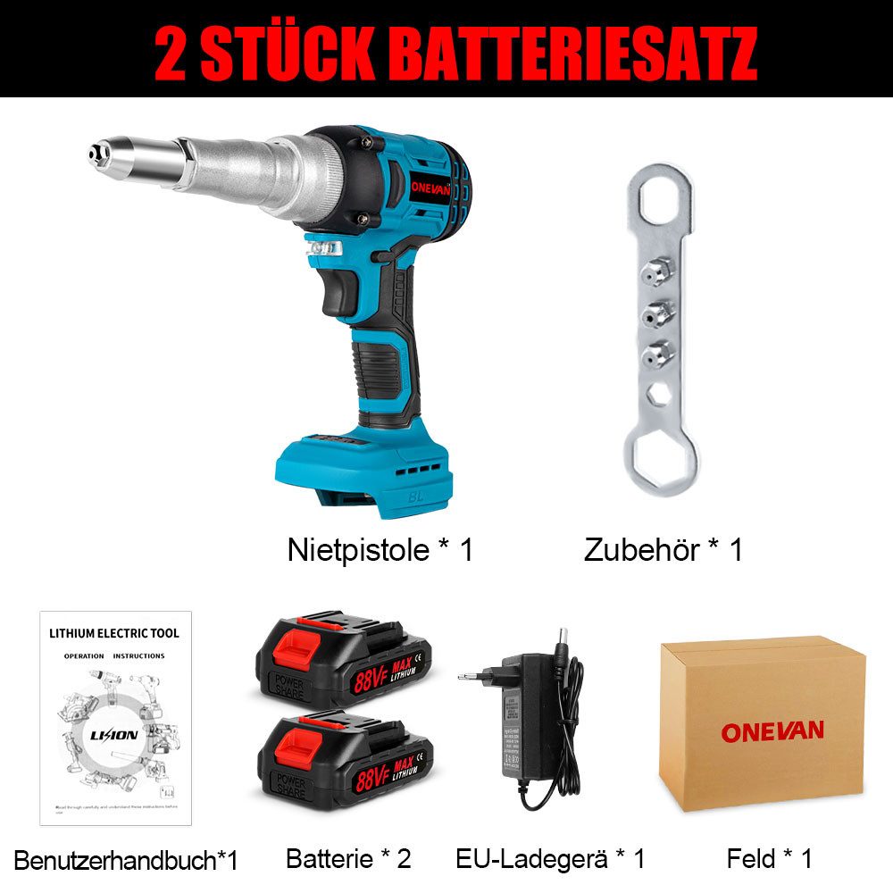 Thumbnail - ONEVAN Blindnietzange Akkunieter, Bürstenlose elektrische Nietpistole, 2,4–5,0 mm, inklusive Bohreinsatz und automatisch...