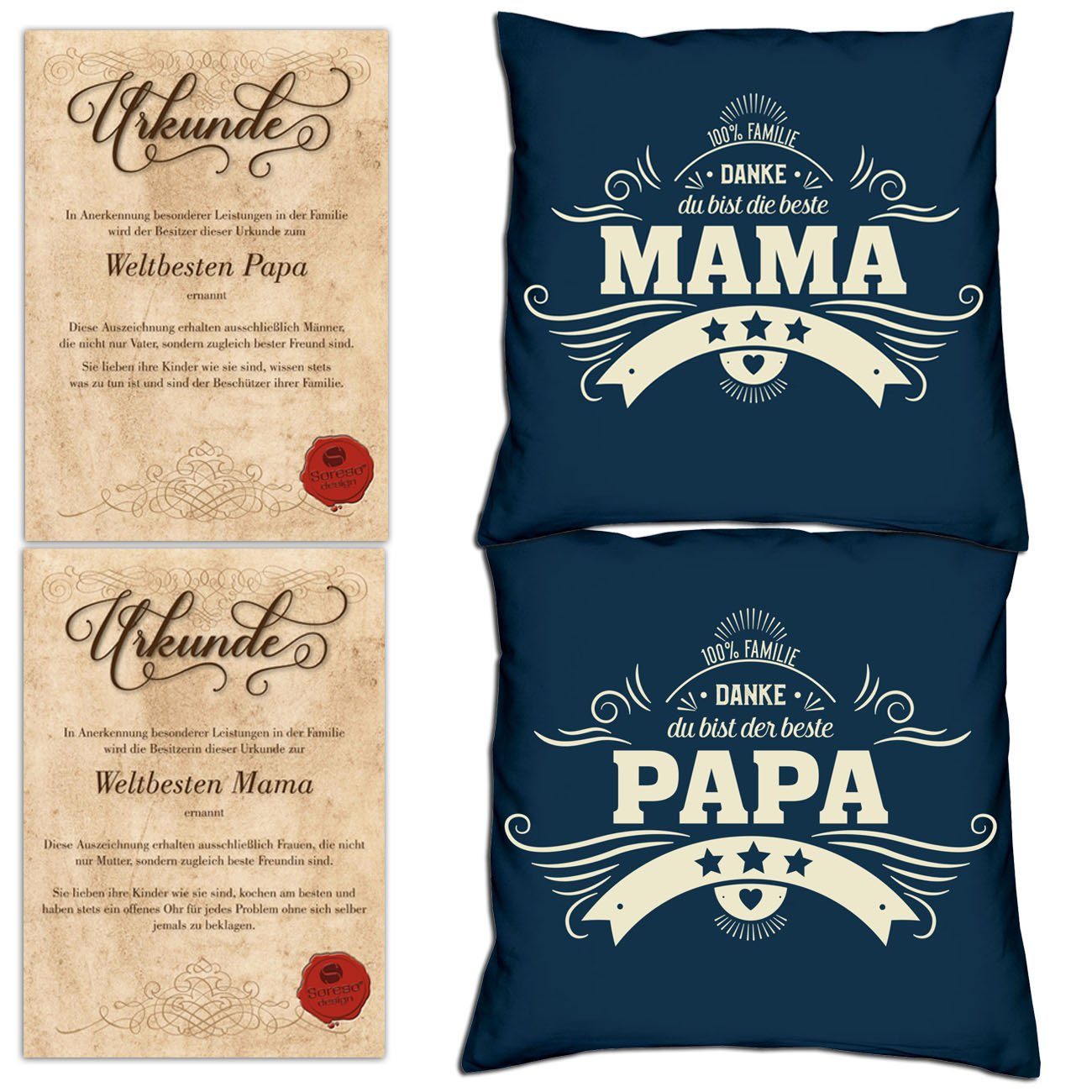 Danke Dekokissen Eltern Urkunden, Mama navy-blau Weihnachtsgeschenk Papa Soreso® Danke mit Kissen-Set für
