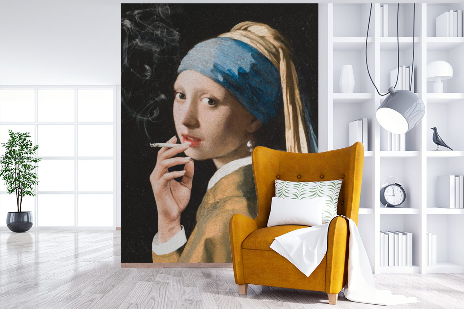 dem - Das mit Montagefertig Perlenohrring Wohnzimmer, bedruckt, Mädchen Rauchen, MuchoWow (4 Vinyl Tapete - für Matt, Vermeer St), Wandtapete Fototapete