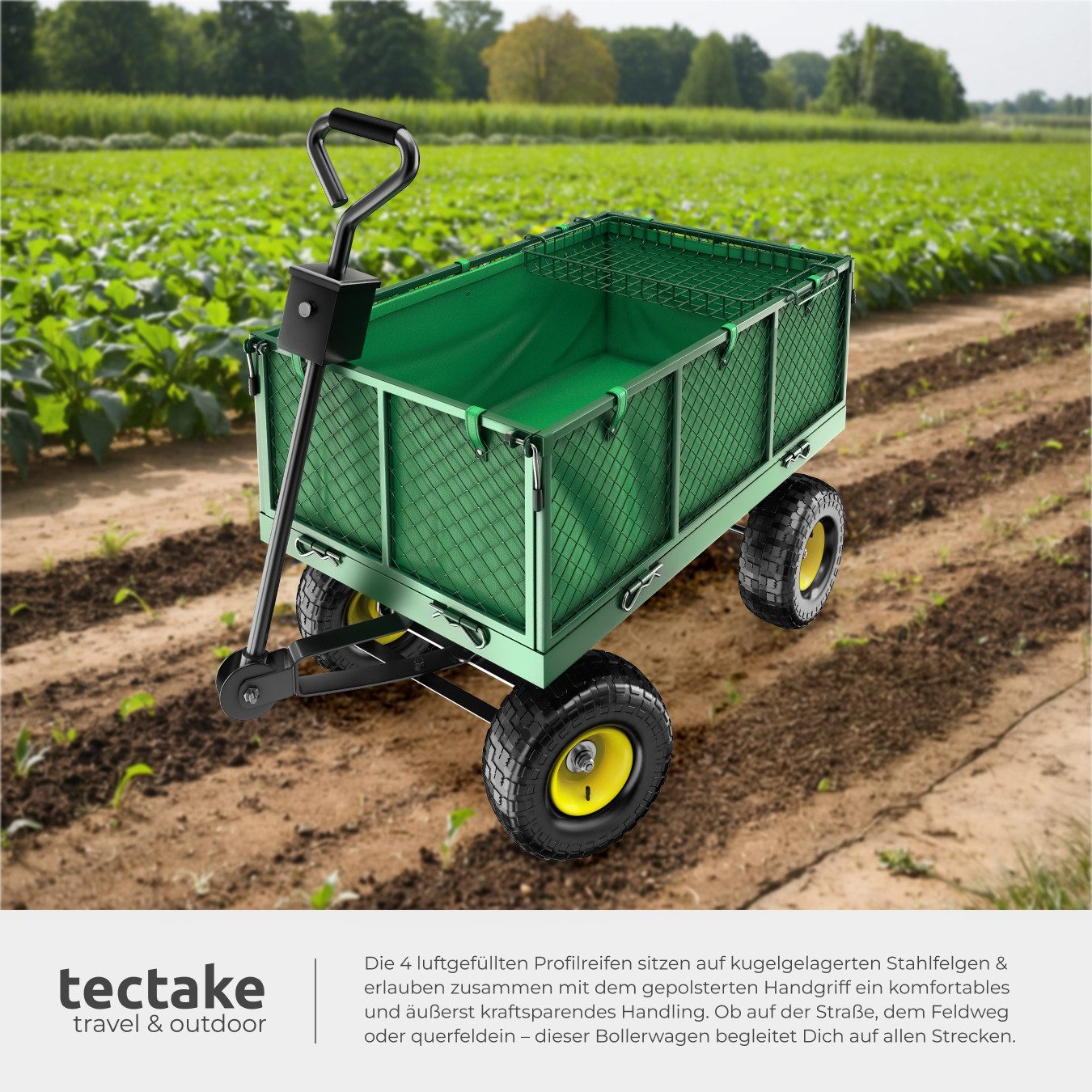 tectake Bollerwagen Handwagen mit Ablage max. 550kg mit klappbaren Seitenwänden (1 Transportwagen, 1-tlg., 150L Volumen in Grün), mit klappbaren Seitenwänden – Bild 4 von 5