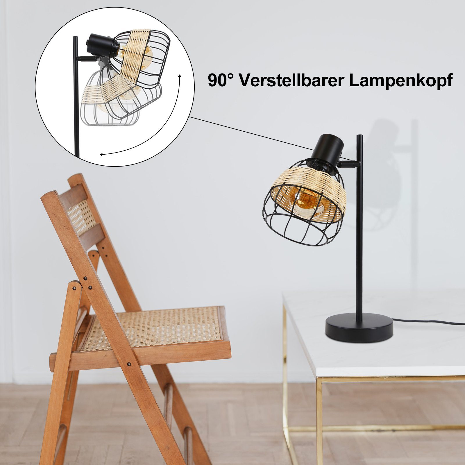 Rattan Schwarz Tischleuchte schwenkbarer, wechselbar Lampenschirm LED Nachttischlampe E27 Bambus Nettlife