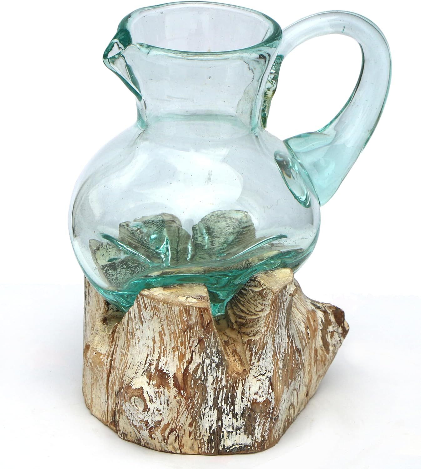 Wasserkrug Glas-Krug auf weißem Wurzelholz Kanne Teakholz Gamal Bali Vase