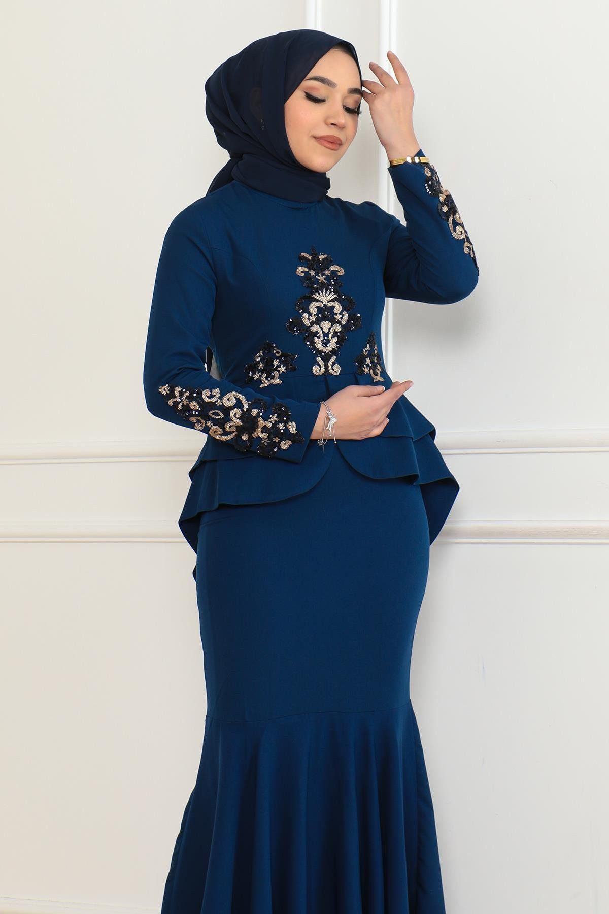 MODAMİHRAM Abendkleid Indigo gemustertes Fischkleid 6144 günstig online kaufen