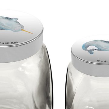 Mr. & Mrs. Panda Vorratsglas XL 2000ml Narwal - Weiß - Geschenk, Aufbewahungsglas, Urlaub, Keksedo, Premium Glas, (1-tlg), Hochwertiger Druck
