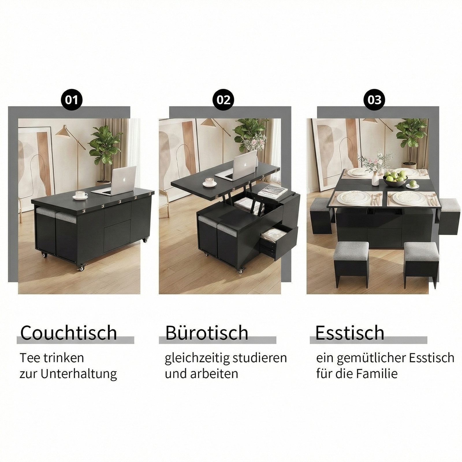 VOWNER Couchtisch mit klappbarer Tischplatte – 4-in-1 Multifunktions Wohnzimmertisch (1-St), höhenverstellbar für verschiedene Anwendungen – Bild 5 von 5