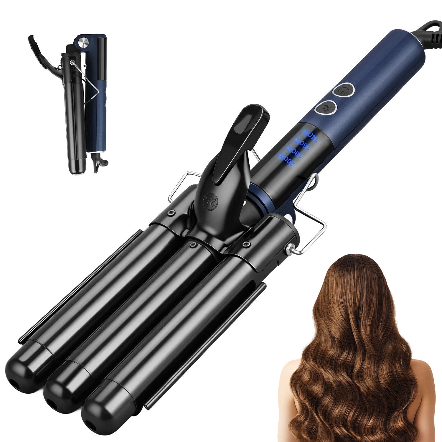 CkeyiN Lockenstab Wasserwellen 25mm,Lockenstab 3 Fässer,Faltbar Crimpers,140℃-220℃, Keramik Lockenstab,Schnelle Heizung, mit LCD-Temperaturanzeige Große,Welle für Lange/kurze Haare