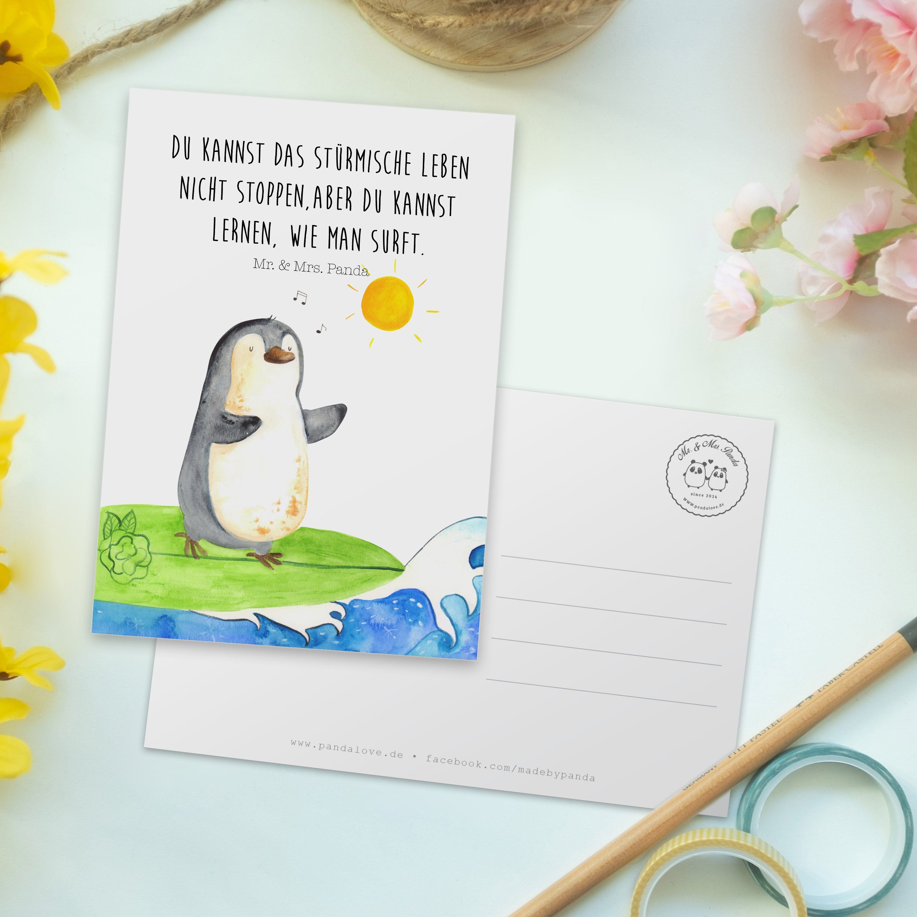 - Mrs. Karte, Weiß - Geschenk, & Ansichtskarte, Panda Pinguin Postkarte Surfer Mr. Wellen, Urlau