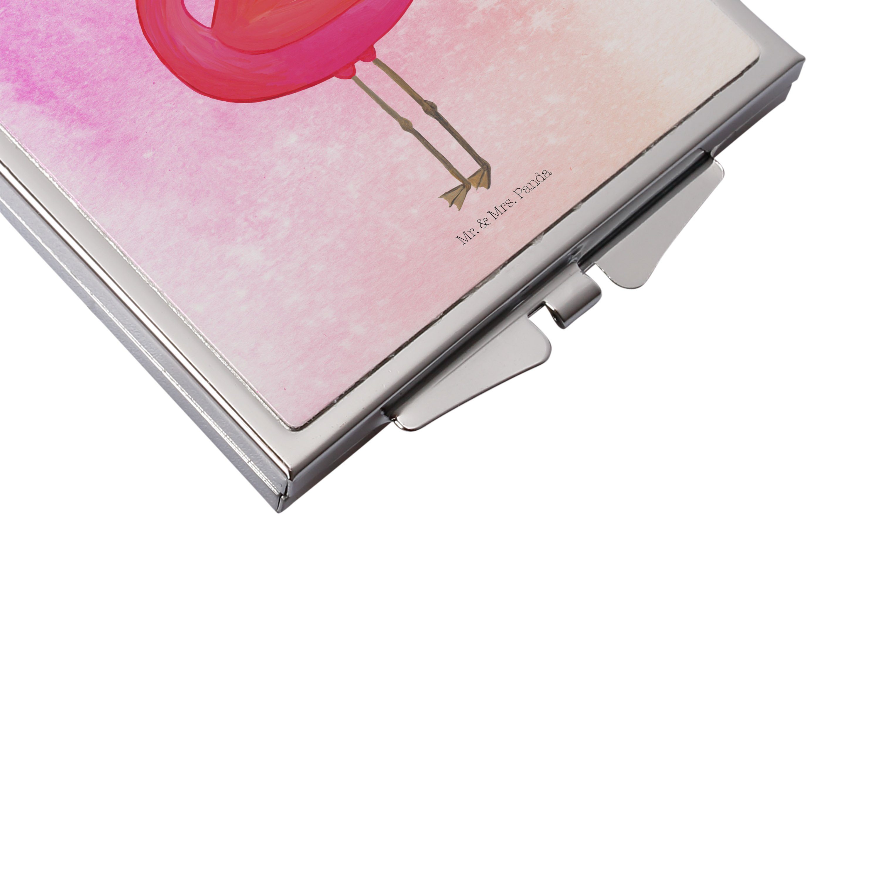 Flamingo Mrs. Geschenk, Spiegel, (1-St) - Mr. Kosmetikspiegel stolz - Panda Pink & Aquarell Selbstliebe, silb
