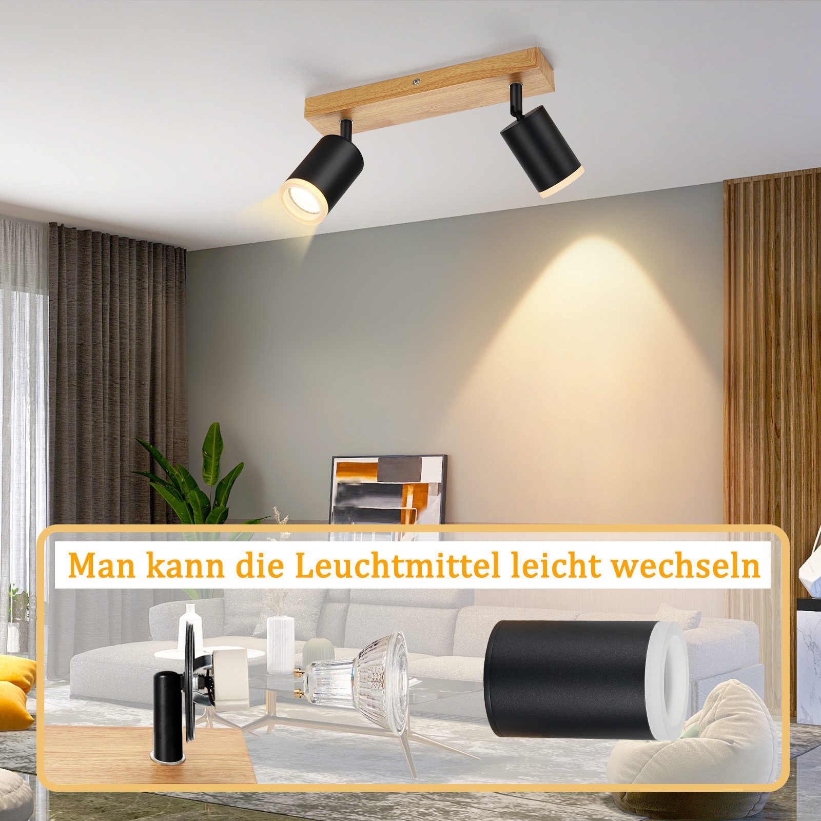 Nettlife Deckenstrahler Schwarz/Weiß GU10 Holz Vintage Deckenspots Küchenla günstig online kaufen