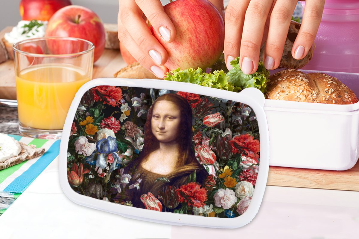 (2-tlg), Lunchbox Blumen, und Brotbox MuchoWow Brotdose, Leonardo weiß Kinder da und für Mona für - Mädchen Vinci Jungs - Kunststoff, Lisa Erwachsene,