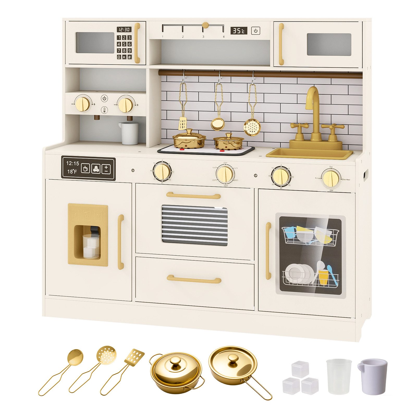 COSTWAY Spielküche MDF, Mit Herd, Licht, Sound, Wasserhahn, Spüle, Eisspender