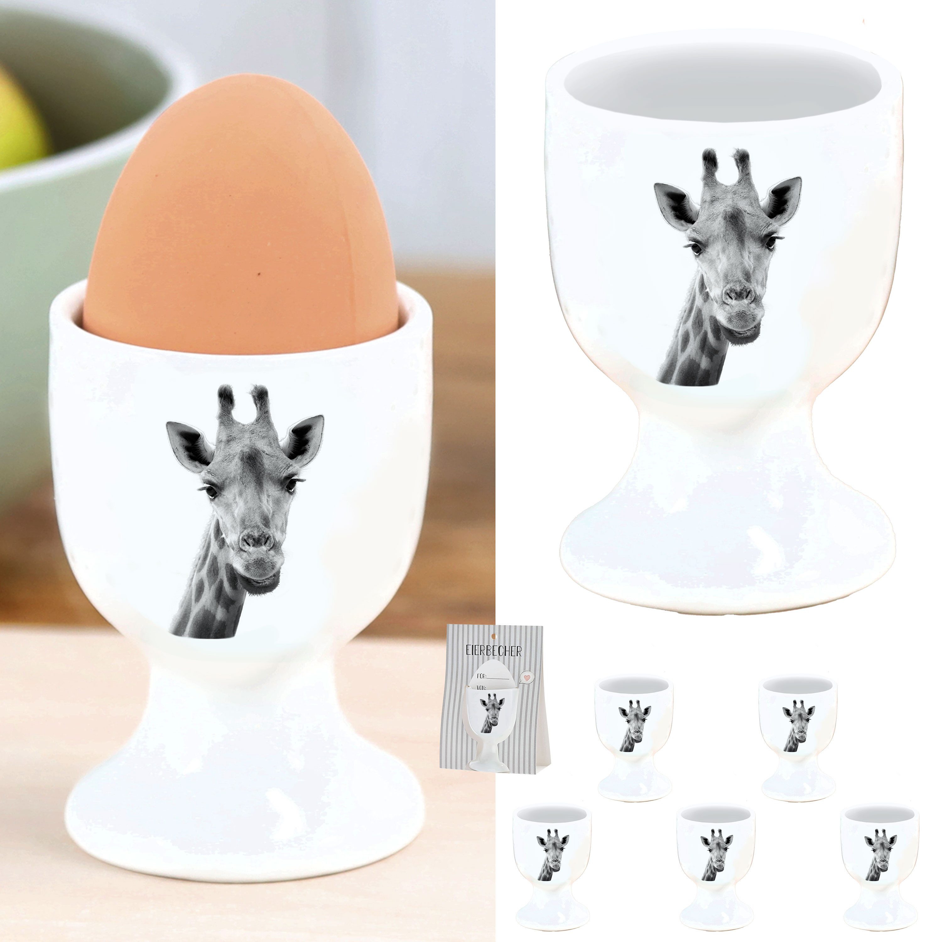 CEPEWA Eierbecher Eierbecher 'Giraffe' 6er Set Porzellan weiß 5x7cm Halter Tiermotiv