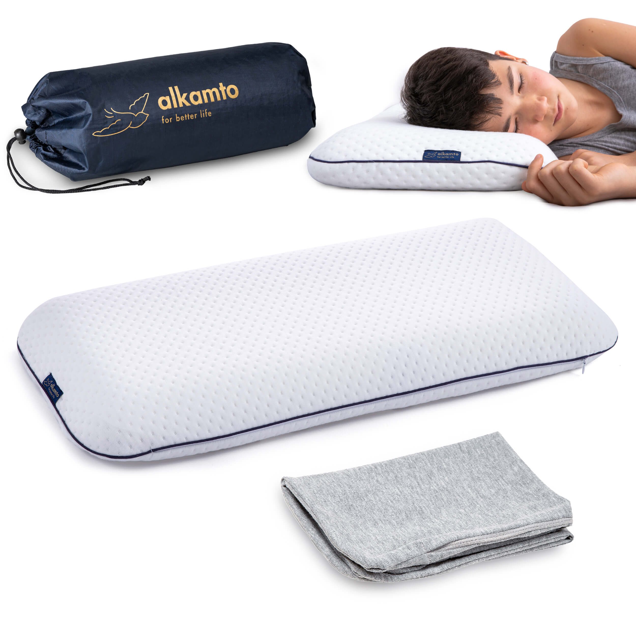 Alkamto Kopfkissen Alkamto Ergonomisches Kinderkissen Memory Foam 60x33x6 cm, Füllung: 100% Memory-Smart-Schaum, Bezug: Viskose, Seitenschläfer, Bauchschläfer, Rückenschläfer, 100% Baumwolle, Äußerer Bezug: Viskose, Füllung: 100% Viscoschaum