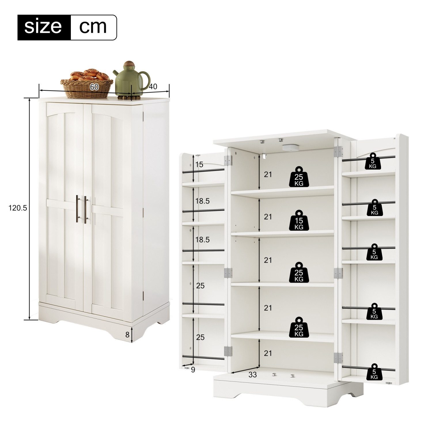 ANYSUN Hochschrank Schrank mit Türen,LED-Sensorlicht,Mehrzweckschrank Küche,120x60x40xcm (1-St., Einzelstück) Küchenschrank mit verstellbaren Regalböden,Türablagen,Kippsicherung