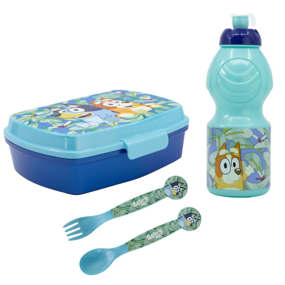 Bluey Butterdose Bluey Bingo Kinder 4 teiliges Set Brotdose Trinkflasche Besteck, Kunststoff, (4-tlg., Spar-Set)