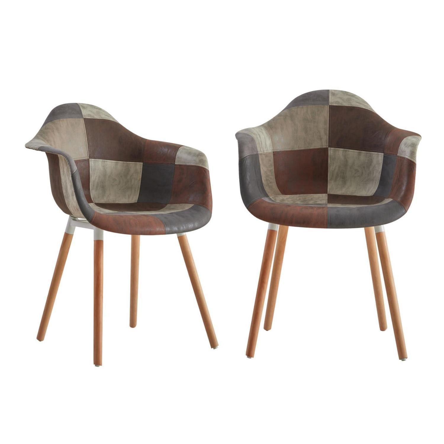 LuxusKollektion Esszimmerstuhl Esszimmerstühle Patchwork Stoff Armlehnen Buchenholz 2 Stühle A5-braun