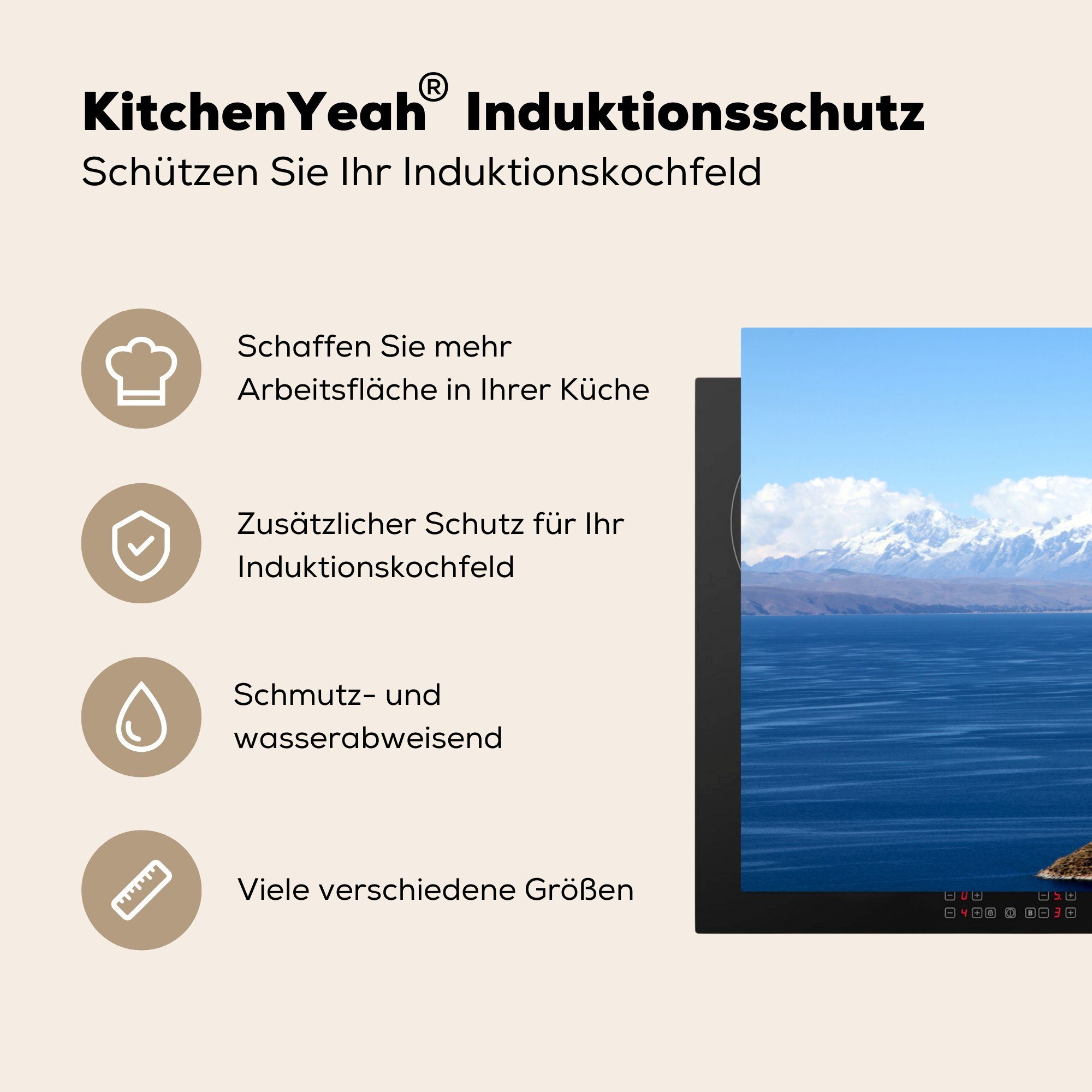 (1 tlg), del Vinyl, Blick küche, der Wasser MuchoWow cm, Ceranfeldabdeckung die der 81x52 Anden Isla auf Herdblende-/Abdeckplatte der Sol für blaue Induktionskochfeld in, Nähe das in Schutz