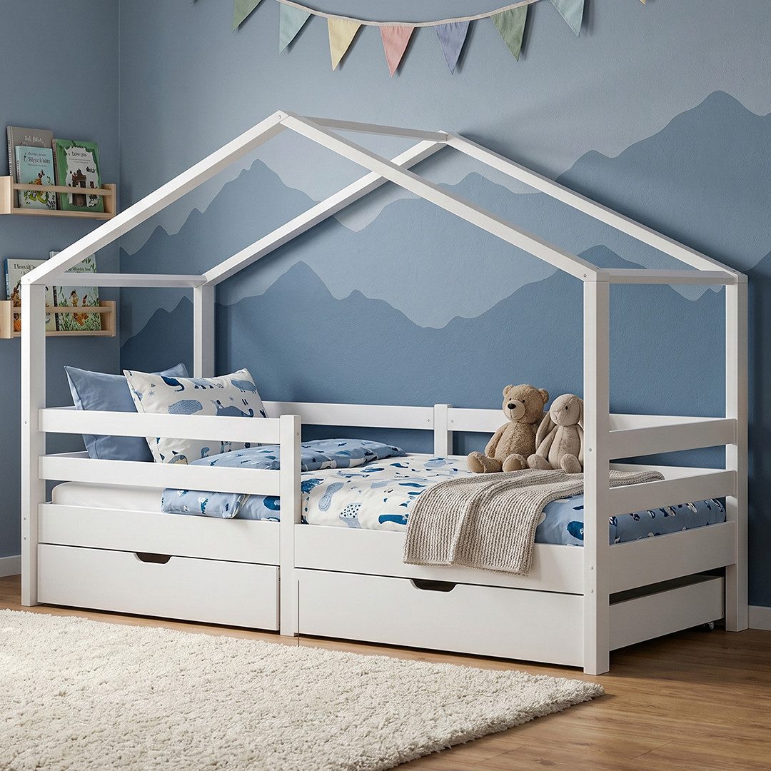 Bellabino Hausbett Abia Kinderbett mit Lattenrost und Rausfallschutz (weiß, mit zwei Schubladen), Kinderbett 90x200 cm, verfügbar in verschiedenen Ausführungen