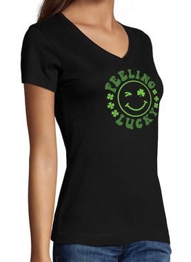 MyDesign24 T-Shirt Damen Smiley Print Shirt - Zwinkernder Smiley Feeling Lucky V-Ausschnitt Baumwollshirt mit Aufdruck Slim Fit, i295