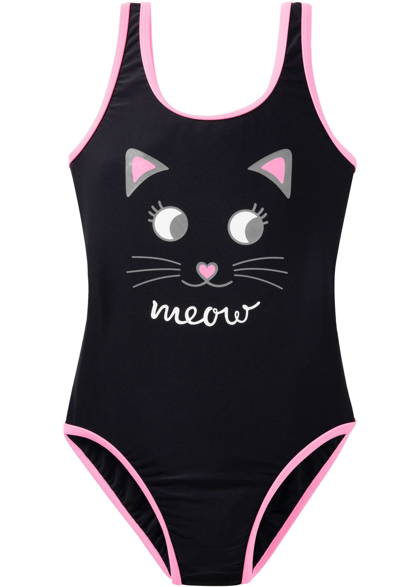 bonprix Badeanzug bequeme Passform, mit Katzengesicht-Print, kontrastfarbige Paspeln