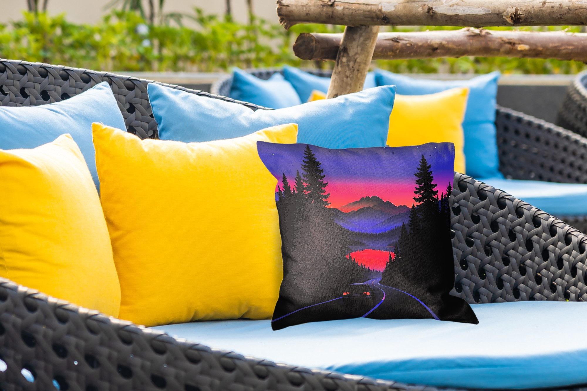 MuchoWow Dekokissen Auto - Dunkle Kiefern - Sonnenuntergang, Kissenbezüge, Kissenhülle, Kissen, Outdoor, 40x40 cm