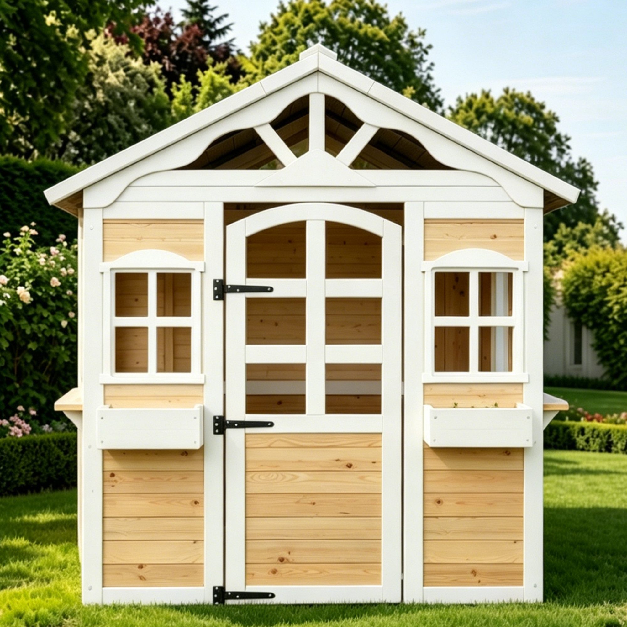MODFU Spielhaus Kreatives Holz-Outdoorhaus mit Marktstand-Fenster, Pflanzkasten, wetterfest, holz