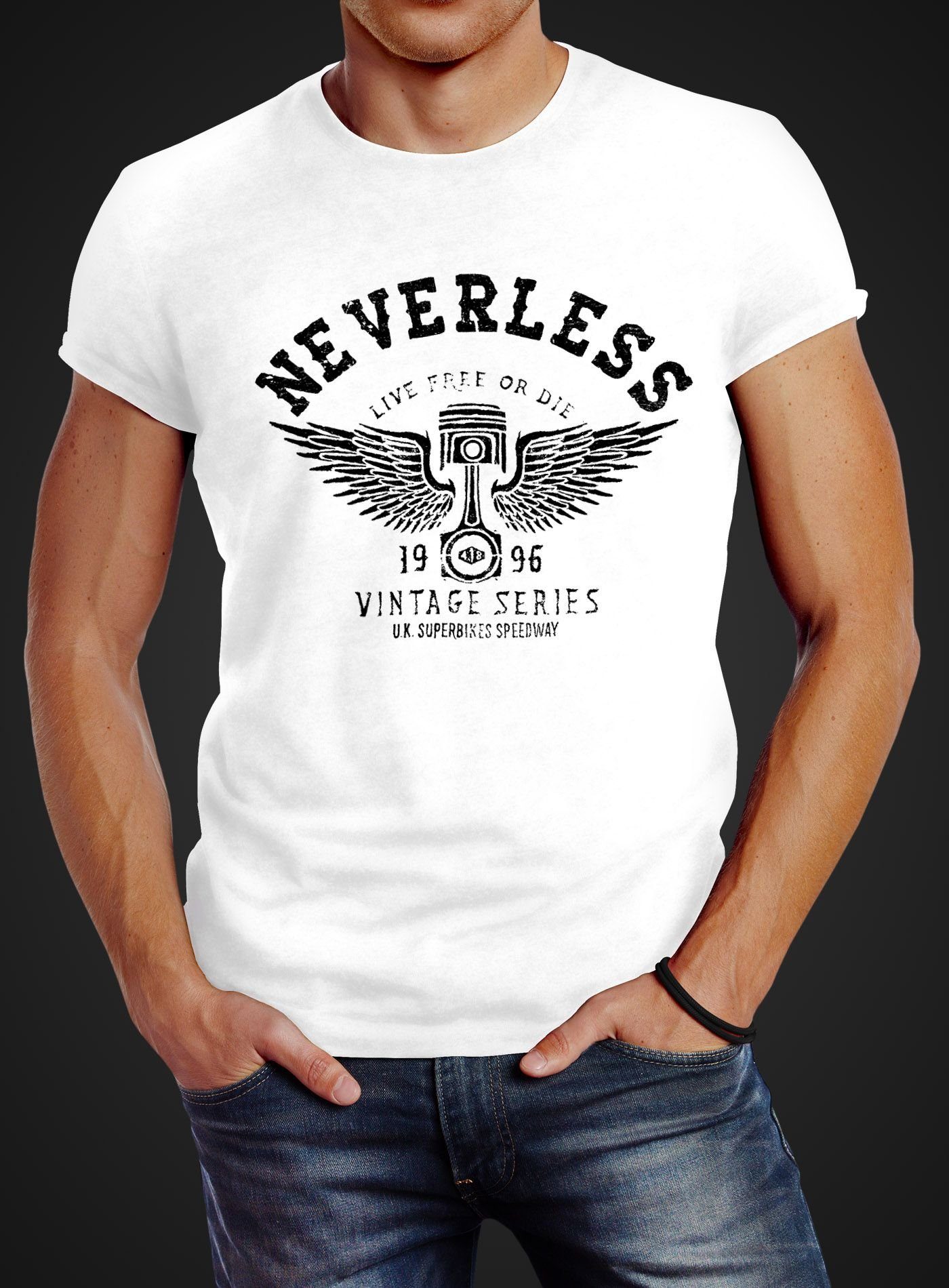 Neverless Print-Shirt Herren weiß Neverless® mit Motorblock Slim Motorrad Engine Print Fit Flügel Wings T-Shirt Biker