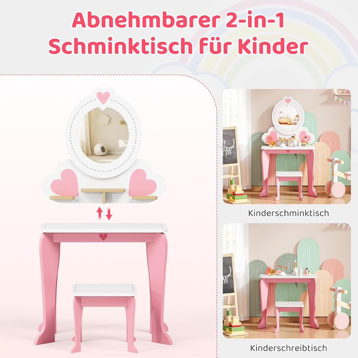 TLGREEN Schminktisch, 2-in-1 Kinderschminktisch mit Spiegel (Puppenschminktisch & Schreibtisch Mädchen, 50x33x91cm, Spielzeug für Mädchenab 3 Jahre), Kinder Makeup Tisch Rosa mit Stuhl