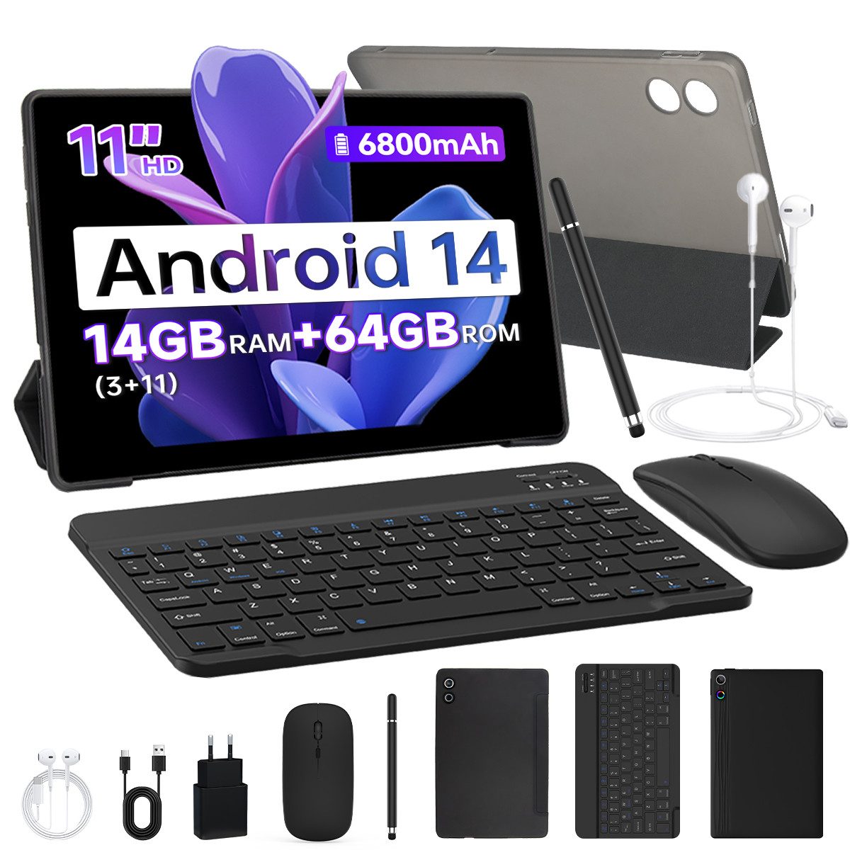 BUFO 11 Zoll Octa-Core 14(3+11)GB RAM+64GB 6800mAh, mit Tastatur Maus Stift Tablet (11", 64 GB, Android, AIC8800D80 802.11 a/b/g/n/ax/ac (WiFi 6) + BT5.3, Android 14, Duale Kamera, HD Display)