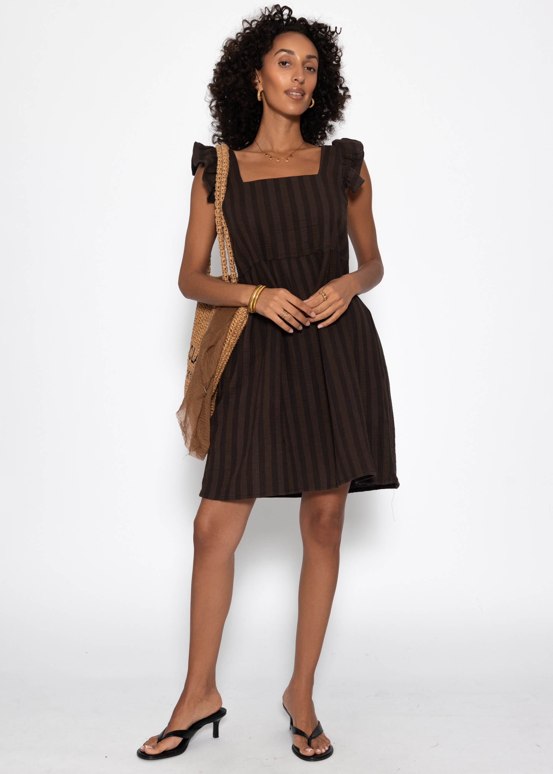 SASSYCLASSY Minikleid Gestreiftes Musselinkleid Damen Kleid aus Musselin im Streifenmuster mit Rüschenärmel – Bild 3 von 5