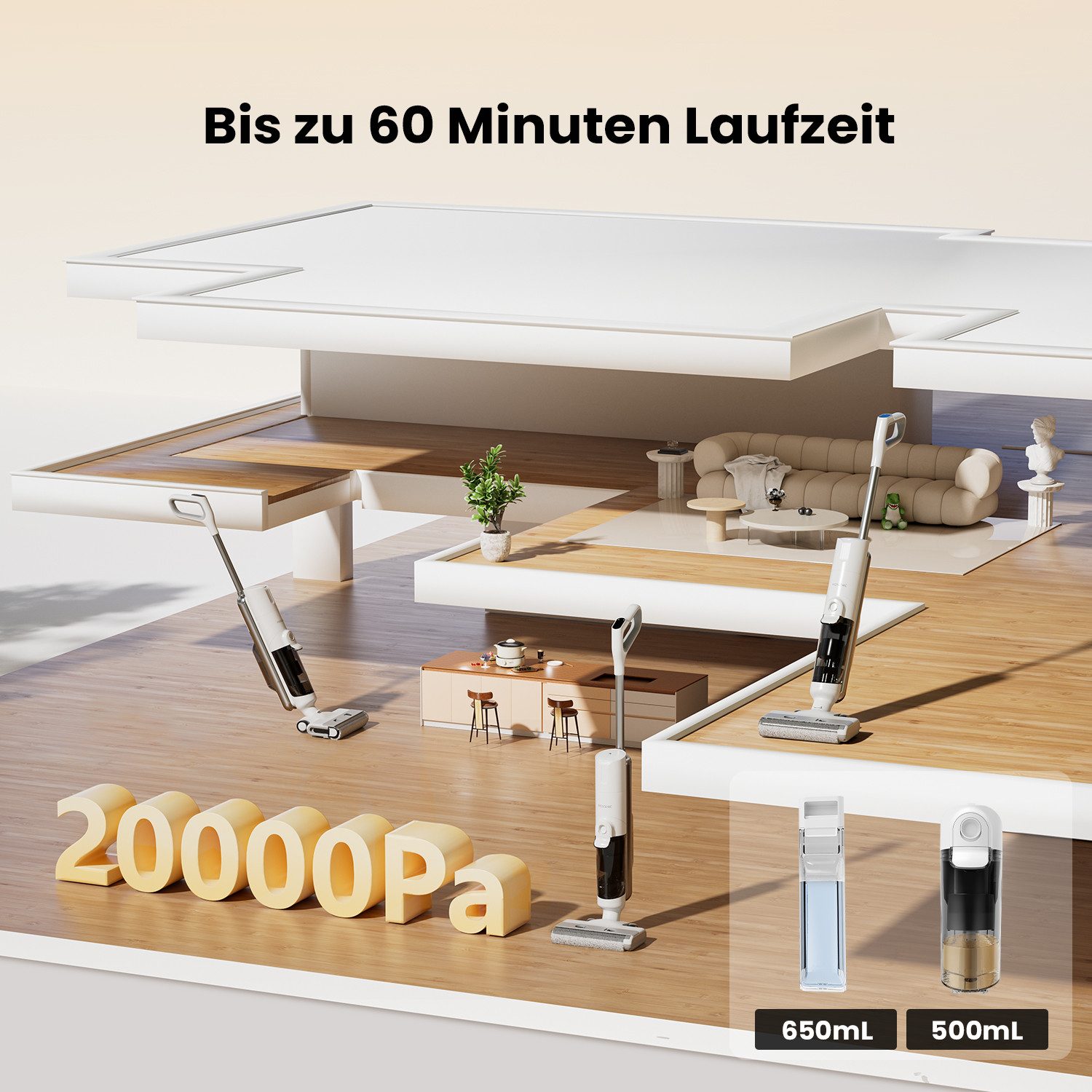 Proscenic Nass-Trocken-Akkusauger 2026 4 in 1, 20000Pa&350W, Selbstreinigung, 60min Laufzeit, 350 W, beutellos, Doppel-Tanksystem 650ml, Kantenreinigung <0,7mm