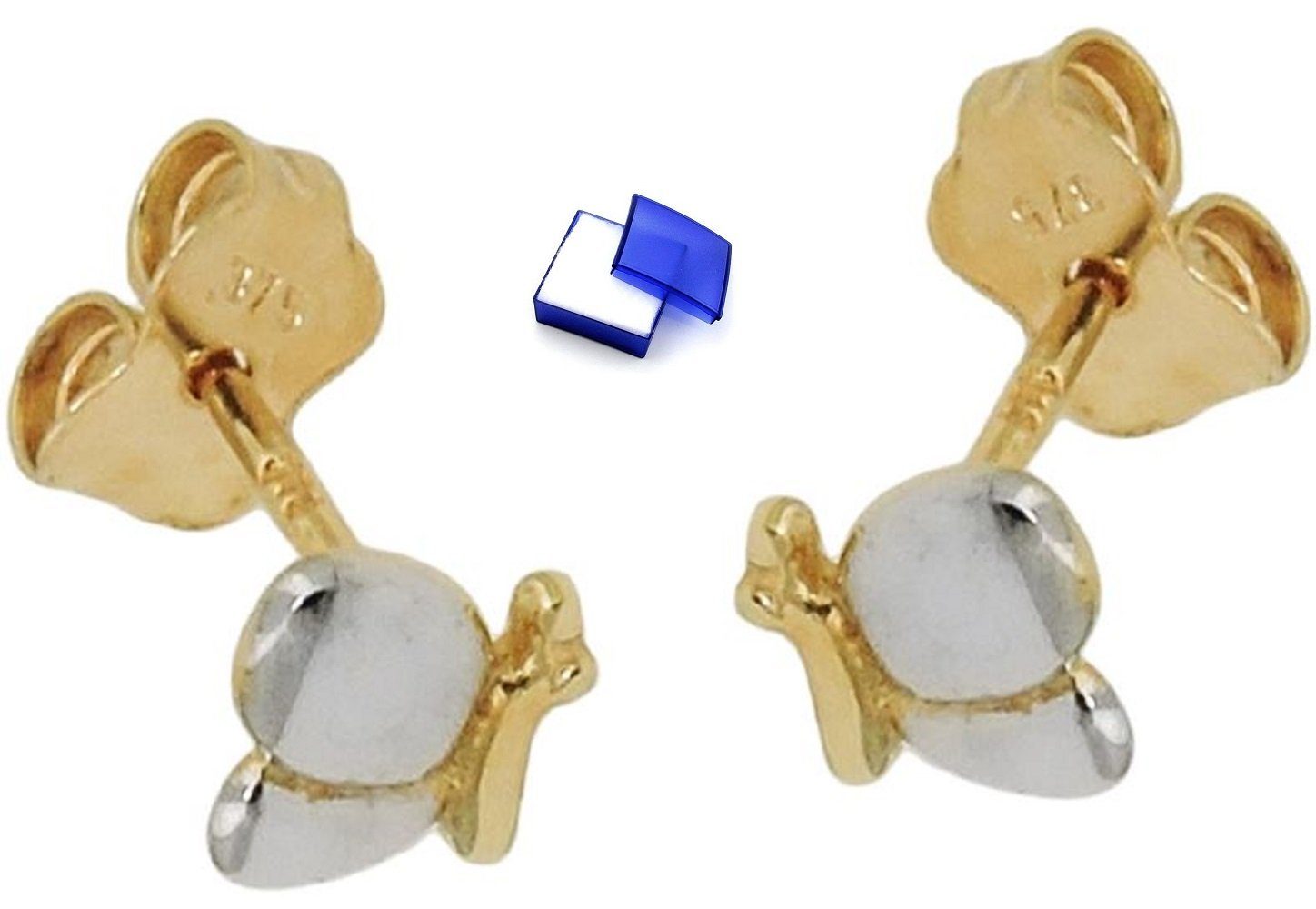 unbespielt Paar Ohrstecker Ohrringe 5 x Schmuckbox, Kinder Goldschmuck 375 inkl. 6 Bicolor Gold für mm Schmetterling