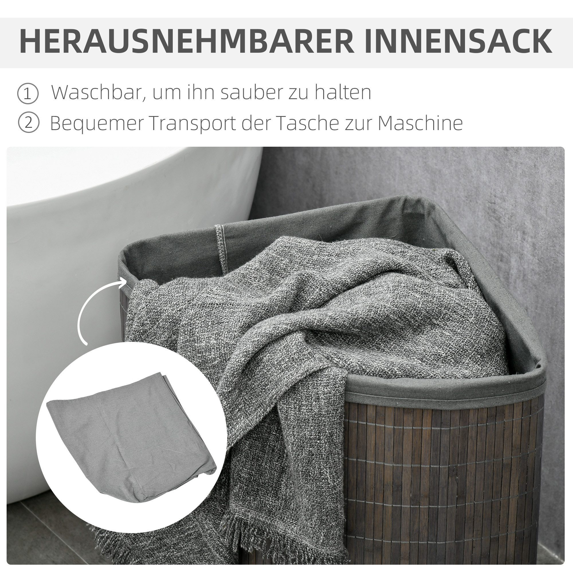 HOMCOM Wäschekorb Bambus Eck Wäschetonne mit Deckel 55L herausnehmbar Wäschesack (Wäschetonne, 1 St., Wäschesammler), für Waschküche Badezimmer Schlafzimmer Gra – Bild 5 von 5