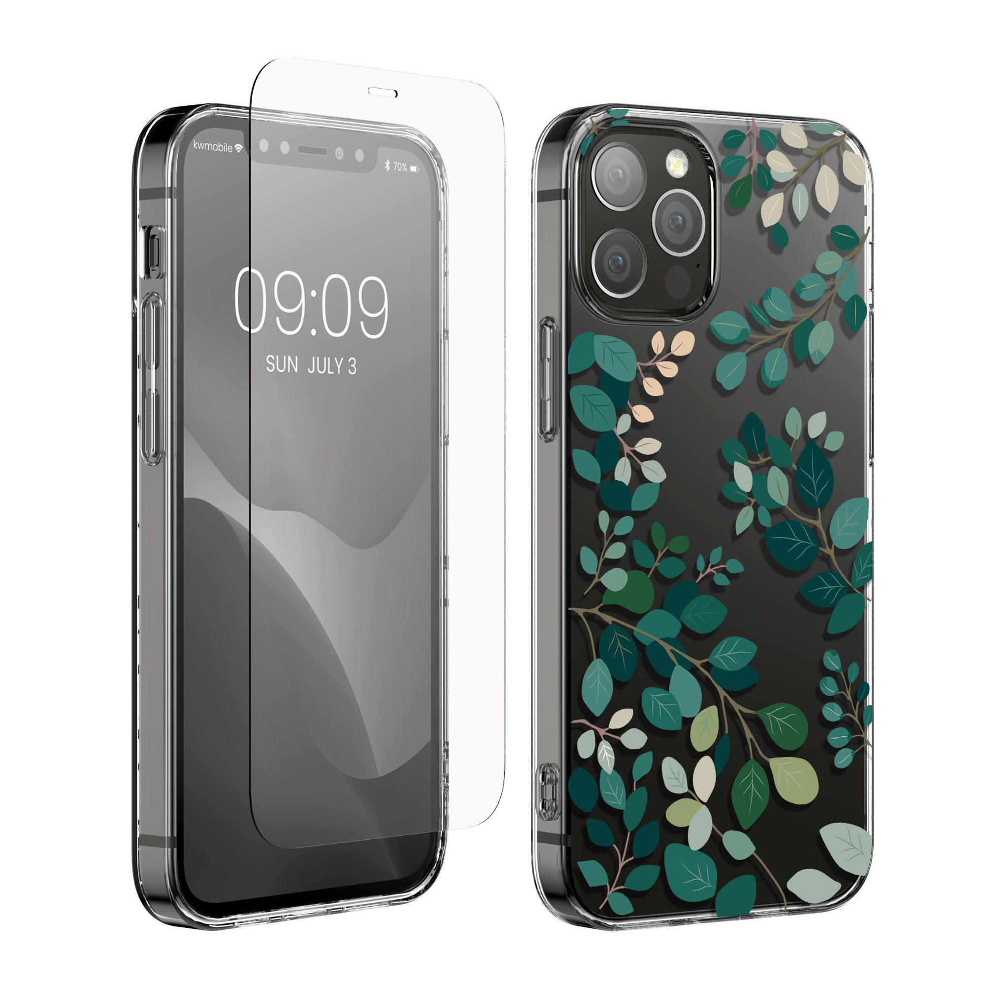kwmobile Handyhülle Hülle für Apple iPhone 12 / 12 Pro Handyhülle - Silikon, Case mit Schutzfolie Frühlingsblätter Design
