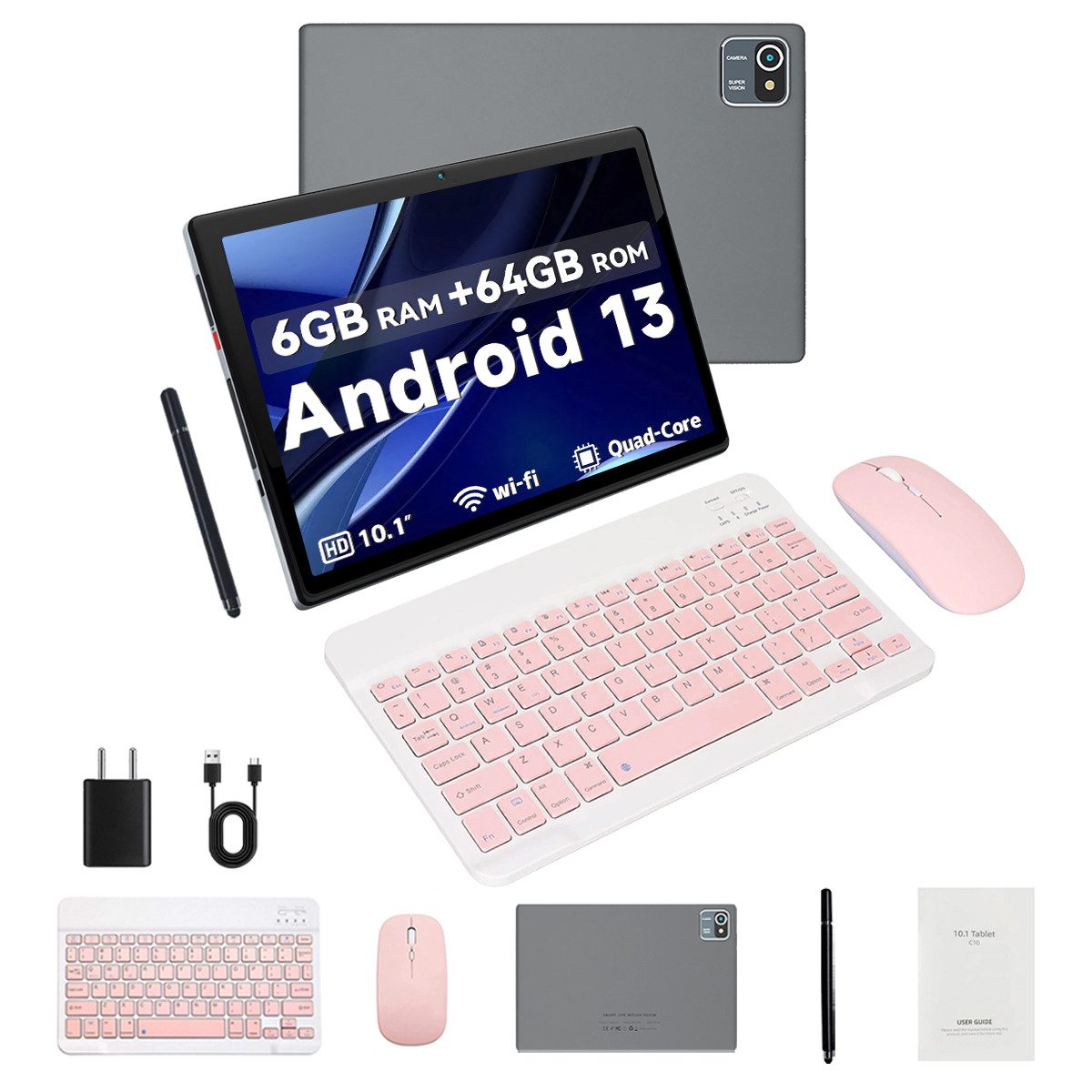 Happybe Tablet Maus Tastatur Handschrift Stift Set Weihnachtsgeschenk Tablet (10", 64 GB, Dual-Kamera)