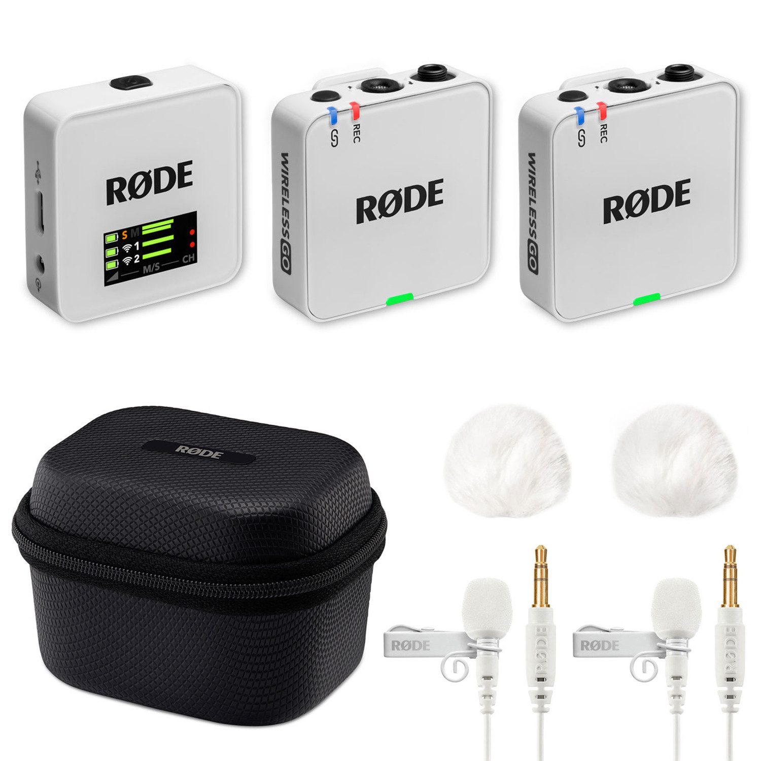 Rode Wireless GO Gen 3 WH mit Charge Case + 2x Lavalier GO und 2x WS05 Digitales Aufnahmegerät