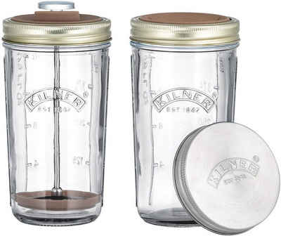 KILNER Protein Shaker, Glas, (Set, 4-tlg), für Nussmilch, mit Spritzschutz, Kolben und 2 Gläsern á 0,5 L