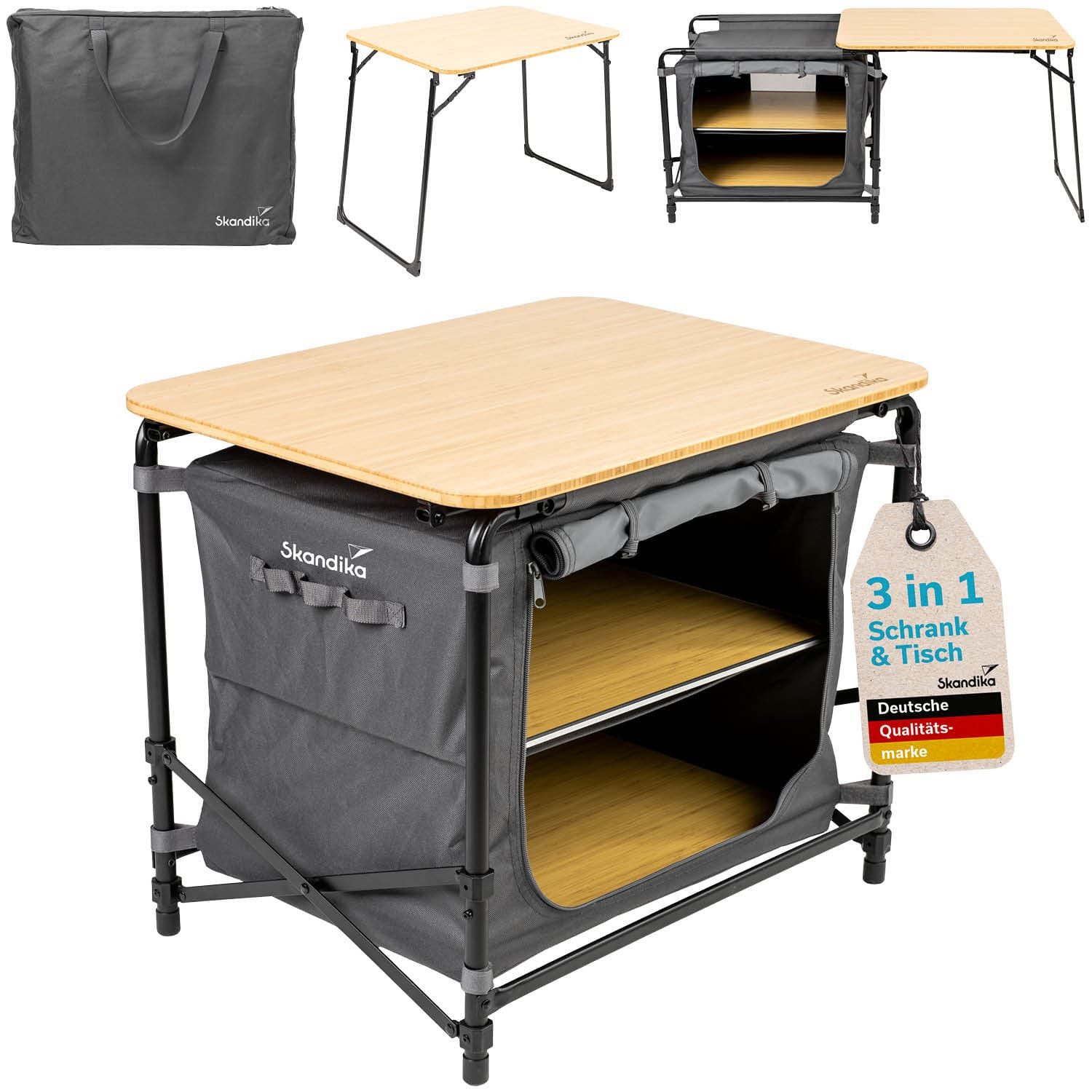 Skandika Campingschrank Skogard - 3-in-1 Design, Bambus Arbeitspatte, Outdoor Schrank faltbar (2 Einlegeböden, Tragetasche, Klapptisch kompakt, Campingküche) Wasserabweisend, Tragetasche, Maximale Belastung 30kg, Faltmechanismus