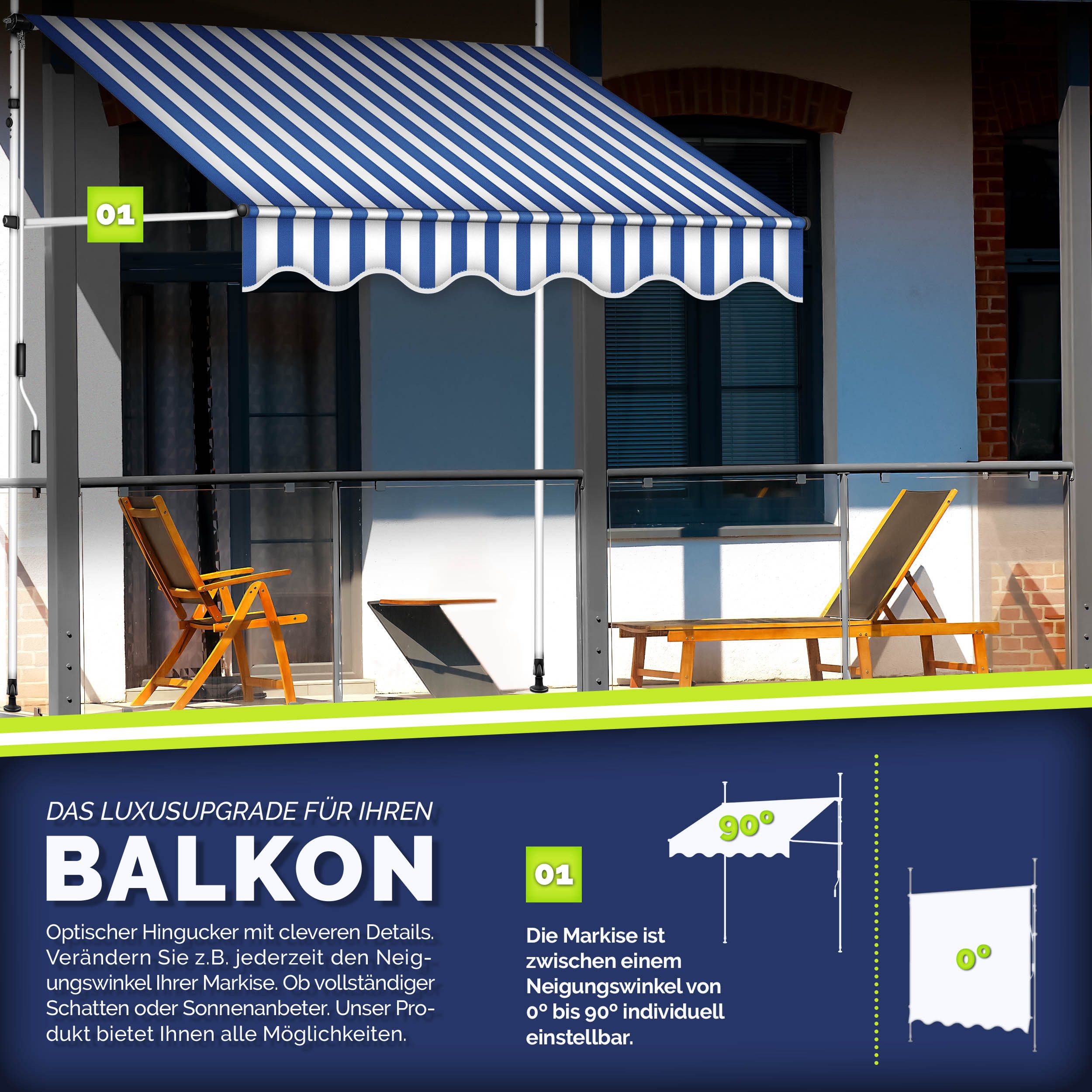 tillvex Klemmmarkise Balkonmarkise ohne Bohren, Markise mit Handkurbel & höhenverstellbar Sonnenschutz UV-beständig & wasserdicht