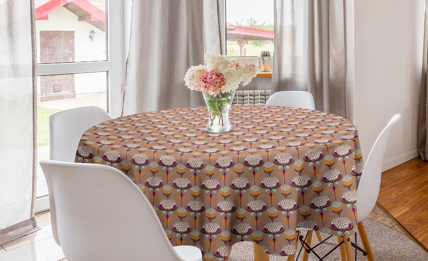 Abakuhaus Tischdecke Kreis Tischdecke Abdeckung für Esszimmer Küche Dekoration, Retro Blumen mit Gepunktete Petals