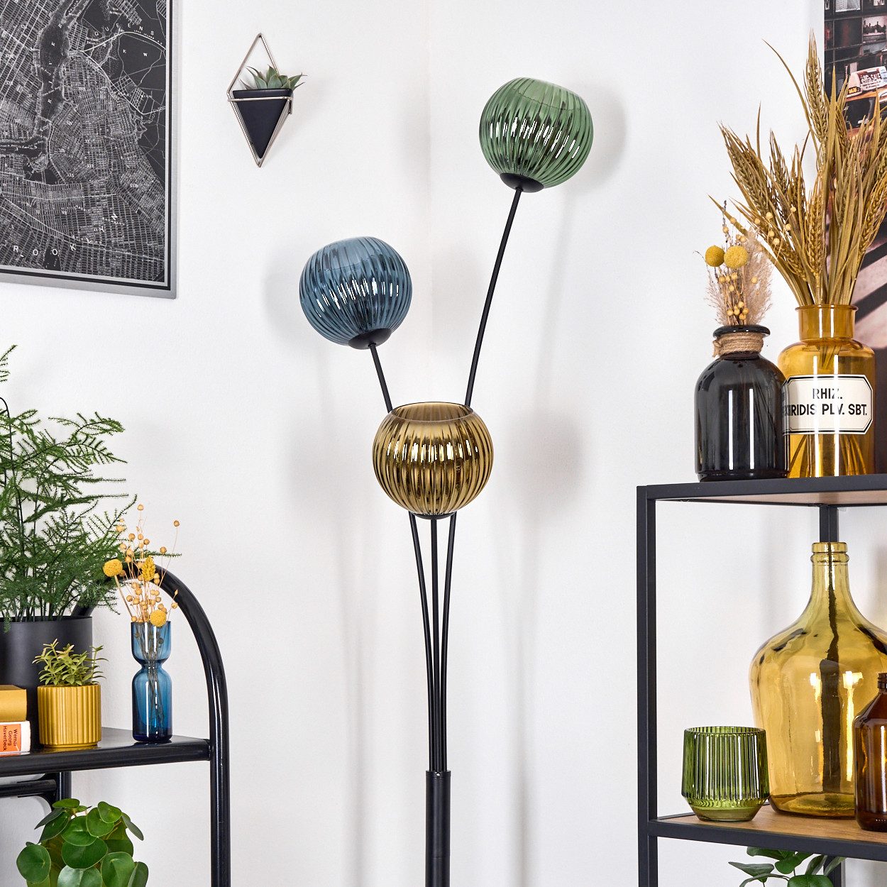 hofstein Stehlampe Stehlampe aus Metall/Riffelglas in Schwarz/Grün/Blau/Goldfarben, Stehleuchte Retro/Vintage, Ø Schirme 15 cm, Fußschalter, 170 cm, E14