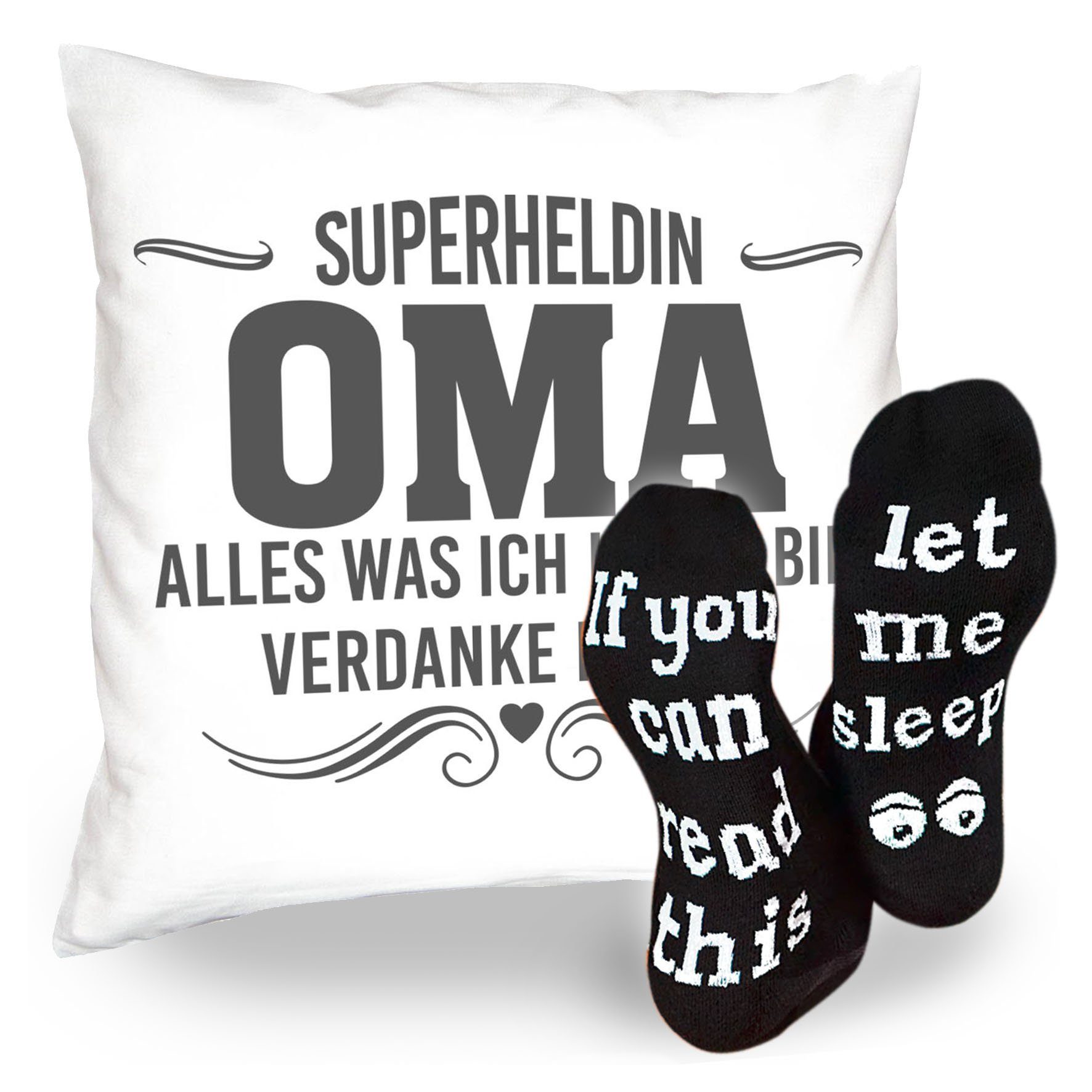 Soreso® Dekokissen Geburtstaggeschenke Oma Mama - Kissen + Füllung Lustige Sprüche Socken, Komplettes Geschenke Set, Spar-Set