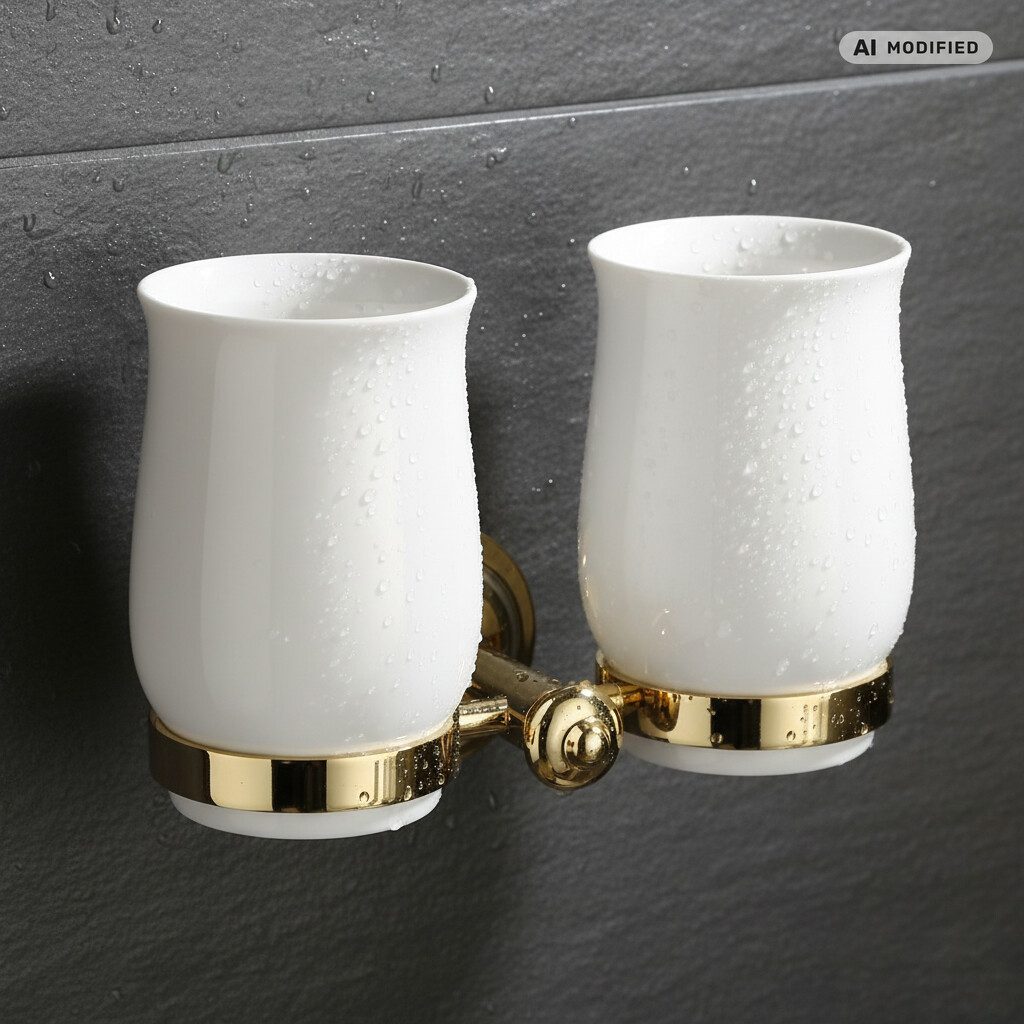 PaulGurkes Badaccessoire-Set ORPHEUS, massives Messing, goldfarbene PVD-Beschichtung, 2 Keramikbecher