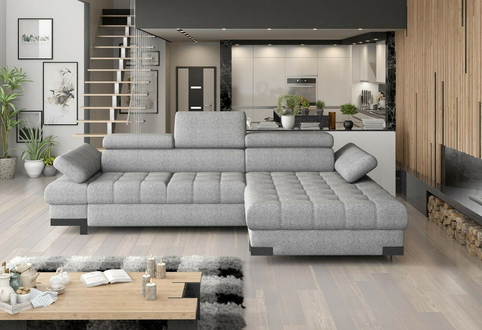 JVmoebel Ecksofa Ecksofa, Design Bettfunktion Sofa L-form Textil Leder Couch